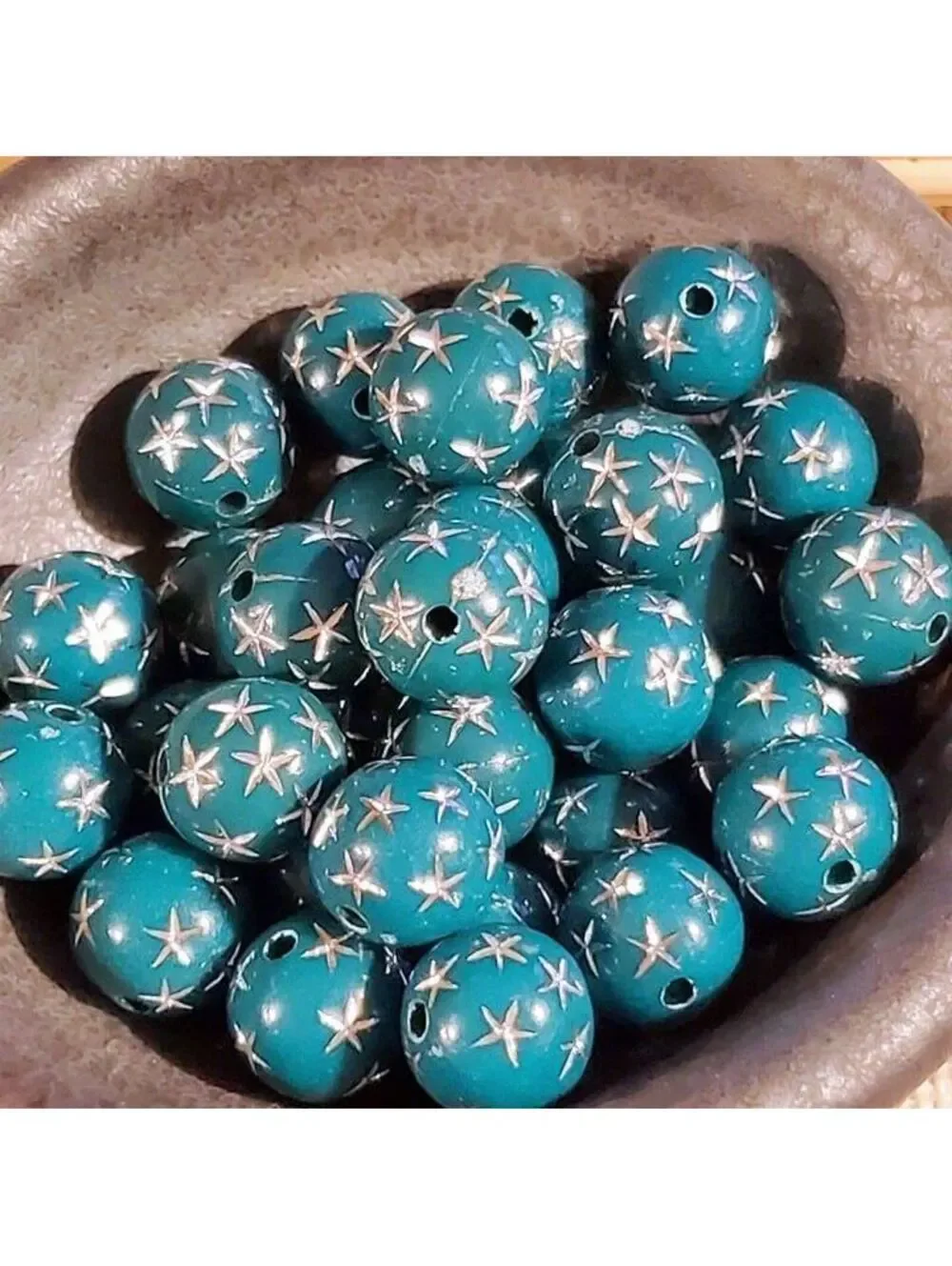 10 Vintage Retro Teal Green Silver Stars 12mm Round Acrylic Shabby Beads
